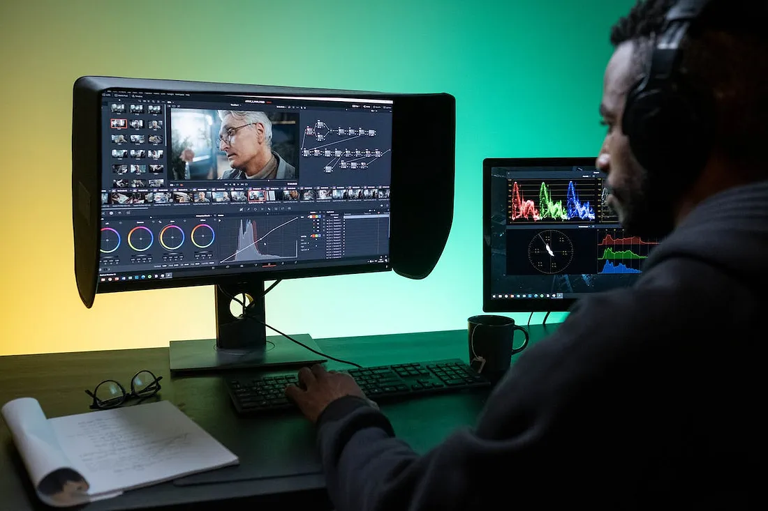 A person editing video with Adobe Premier Pro