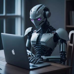 Artificial Intelligence (AI) and The Future of Work A robot working on the laptop