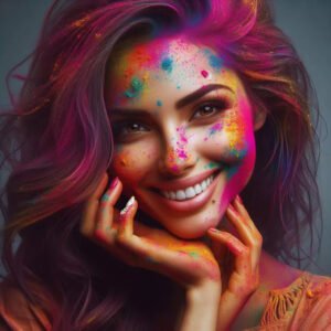 Photorealistic portrait of a woman celebrating Holi by AI Artz