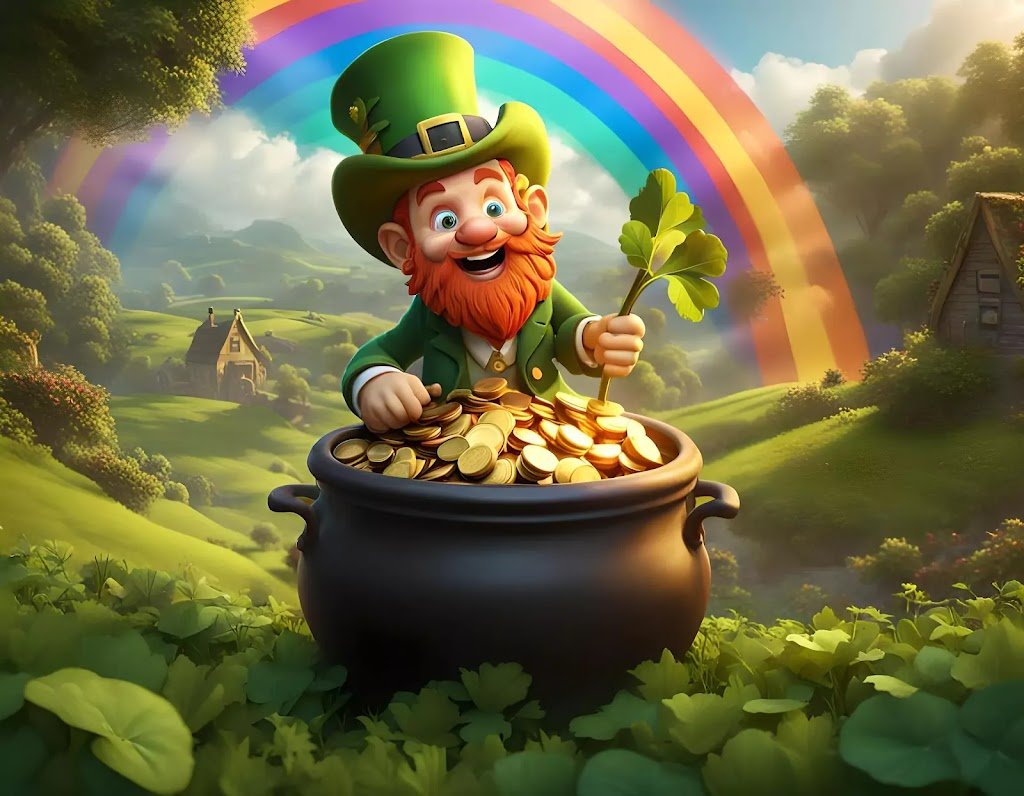 A detailed depiction of a mischievous leprechaun hiding a pot of gold at the end of a rainbow in a lush, rolling Irish countryside created by Subhra Prakash Mohanty (AI Artz)