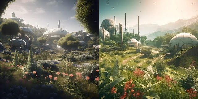 A photorealistic landscape of a lush green valley with a human colony, Image by Joe Slade
