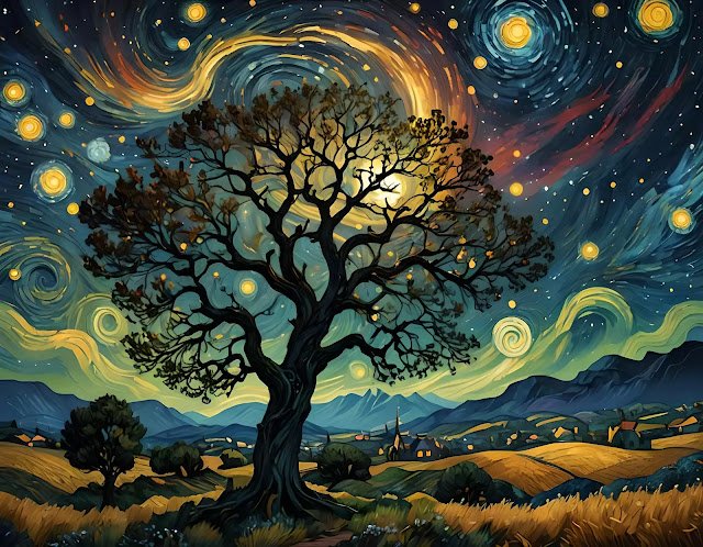 Van Gogh's Style, A landscape with a lone tree silhouetted against a swirling starry sky, Image by AI Artz