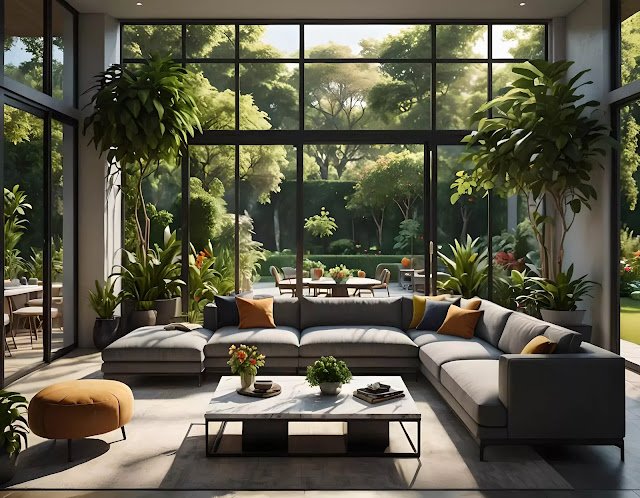 Sunlit open-plan living room with a minimalist aesthetic, featuring a sleek L-shaped sofa