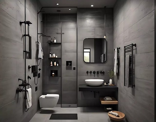 Bathroom with a walk-in shower featuring black subway tiles