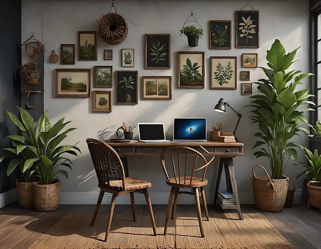 Home office featuring a distressed wooden desk, woven basket chair, a laptop, and botanical prints on the wall