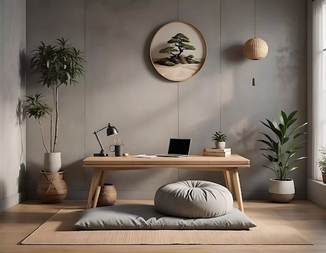 Home office featuring a simple wooden desk, a comfortable floor cushion, and muted color tones