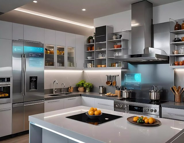 Kitchen with smart appliances and holographic menus