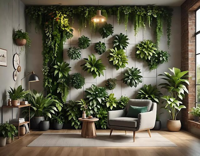 Living room with a living wall featuring lush greenery