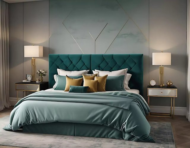 Master bedroom with a plush teal velvet headboard, and geometric bedside tables with brass legs