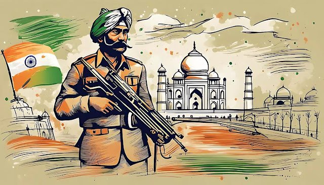 Best Midjourney Prompts for 15th August Indian Independence Day Art An Indian soldier with modern elements with an Indian tri-color torch for greeting cards
