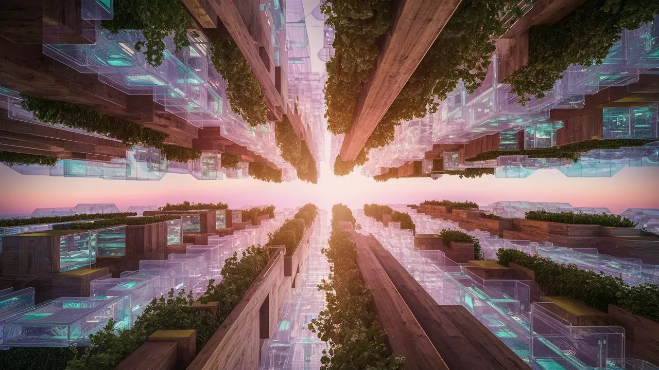 A futuristic city skyline where the buildings are constructed from living wood and transparent leaves by AI Artz