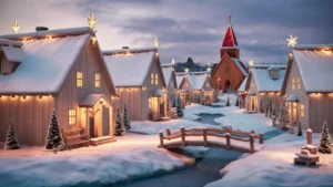 A Scandinavian-inspired Christmas village with minimalist wooden houses, snow-covered rooftops, and warm glowing lights, Nordic art style by AI Artz