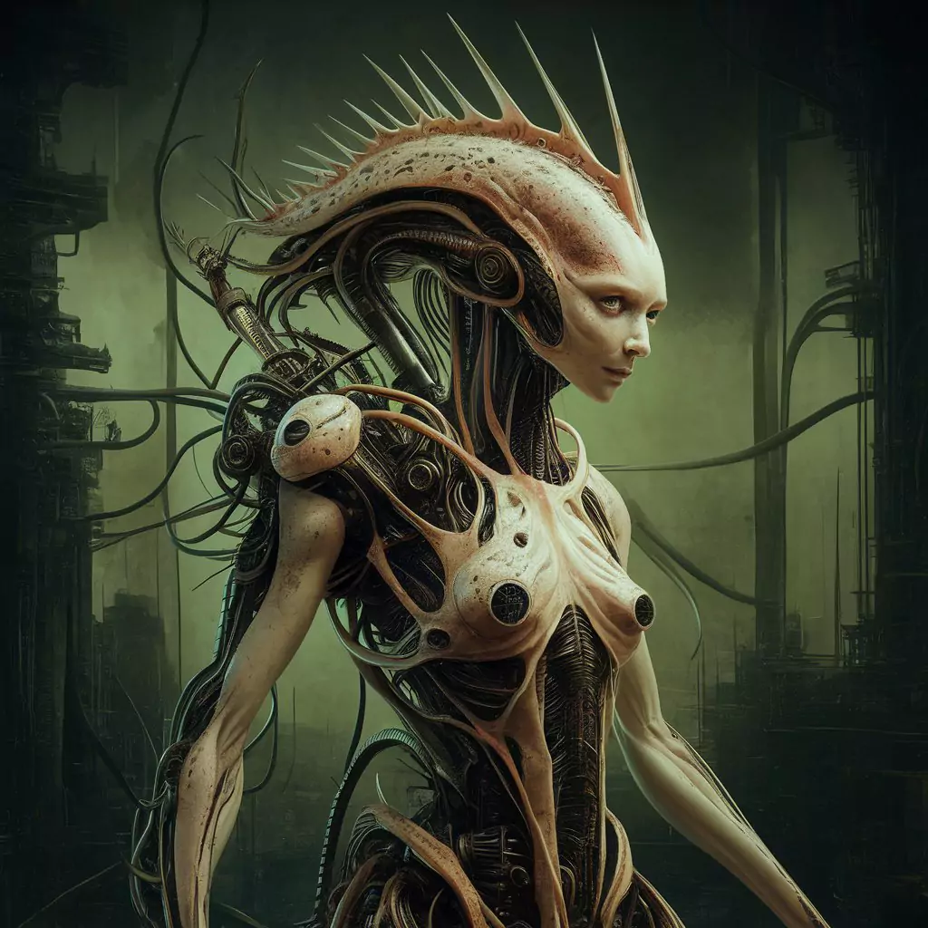 Create Art in the Style of Famous Artists with AI A biomechanical creature blending organic and mechanical elements, inspired by H.R. Giger by AI Artz