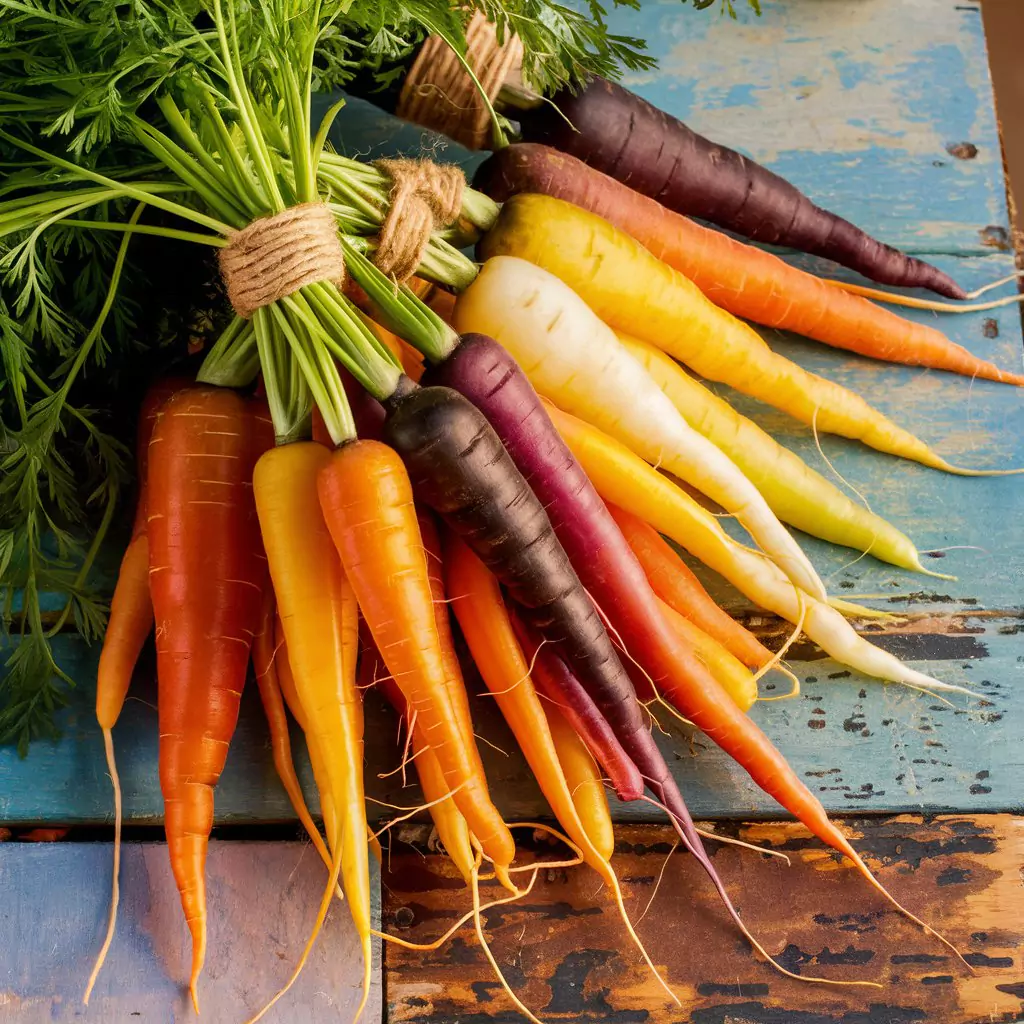 30 Prompts for Food Photography with AI A bundle of colorful heirloom carrots by AI Artz