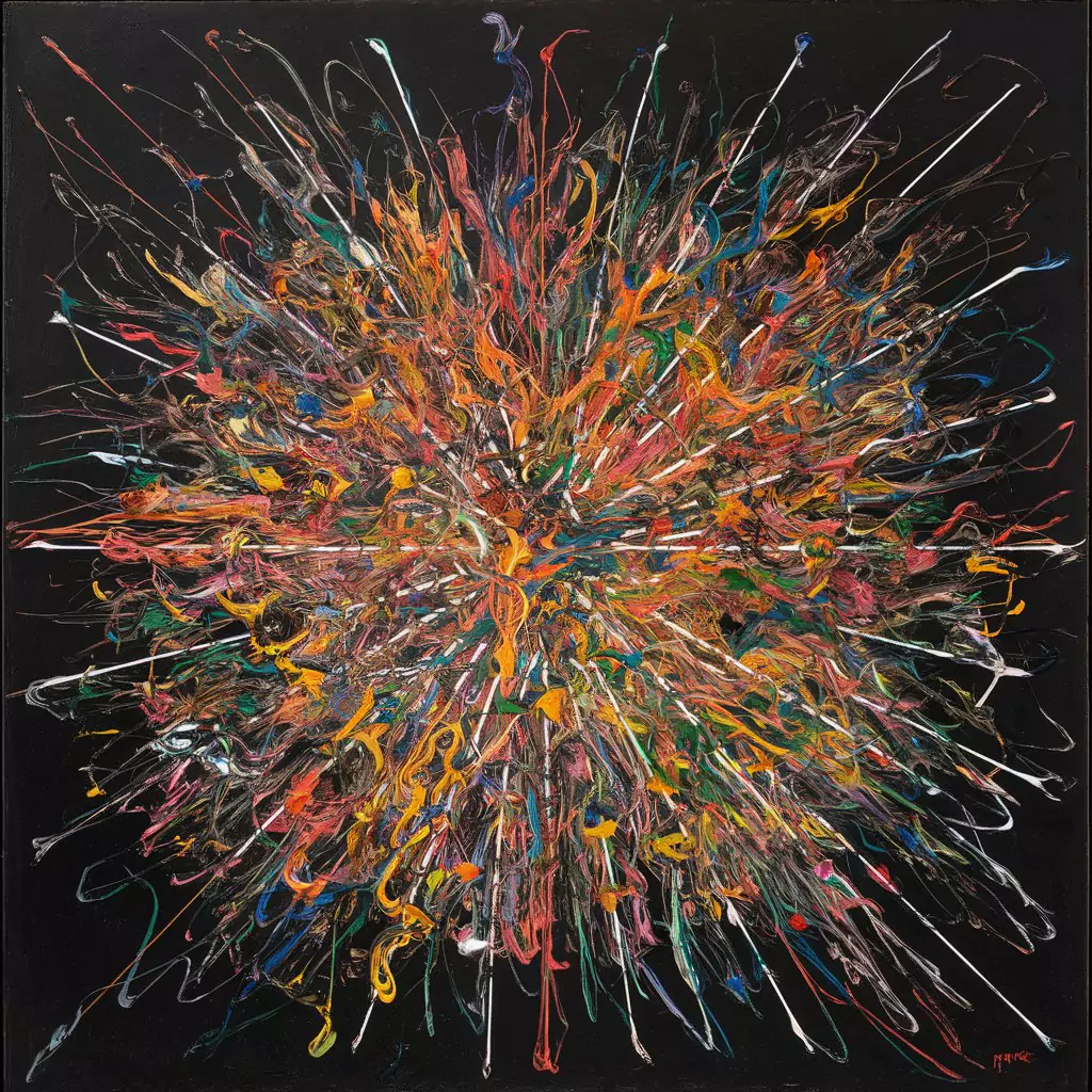 Create Art in the Style of Famous Artists with AI A chaotic explosion of colors and lines on a black canvas, inspired by Jackson Pollock by AI Artz