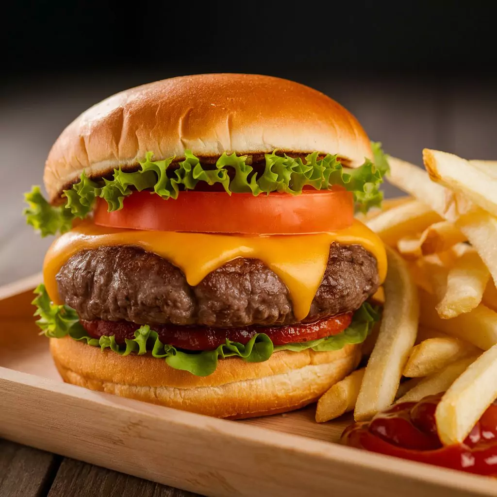 30 Prompts for Food Photography with AI A classic cheeseburger with juicy meat patty, melting cheese, lettuce, and tomato with fries beside it by AI Artz