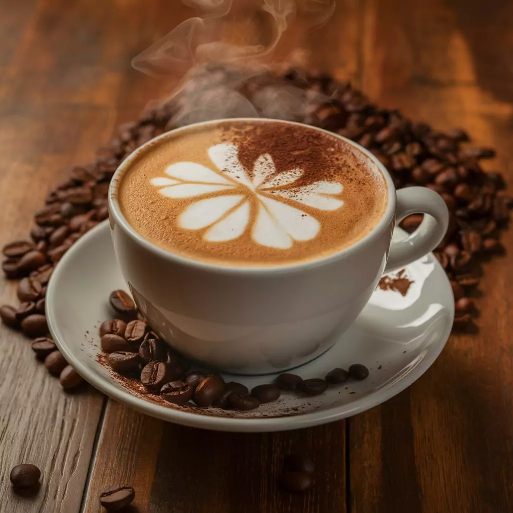 30 Prompts for Food Photography with AI A frothy cappuccino in a white ceramic cup, with coffee beans by AI Artz