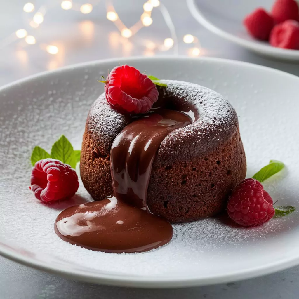 30 Prompts for Food Photography with AI A molten chocolate cake with fresh raspberries and a light dusting of powdered sugar by AI Artz