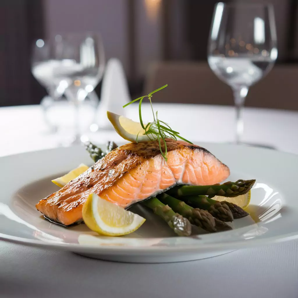 30 Prompts for Food Photography with AI A plate of grilled salmon served with asparagus and lemon wedges by AI Artz