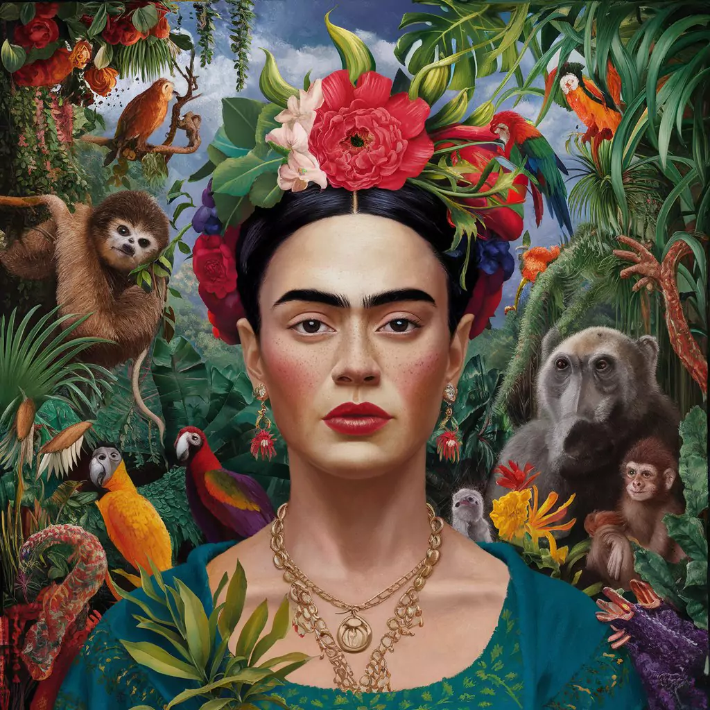 Create Art in the Style of Famous Artists with AI A self-portrait of a woman surrounded by exotic plants and animals, inspired by Frida Kahlo by AI Artz