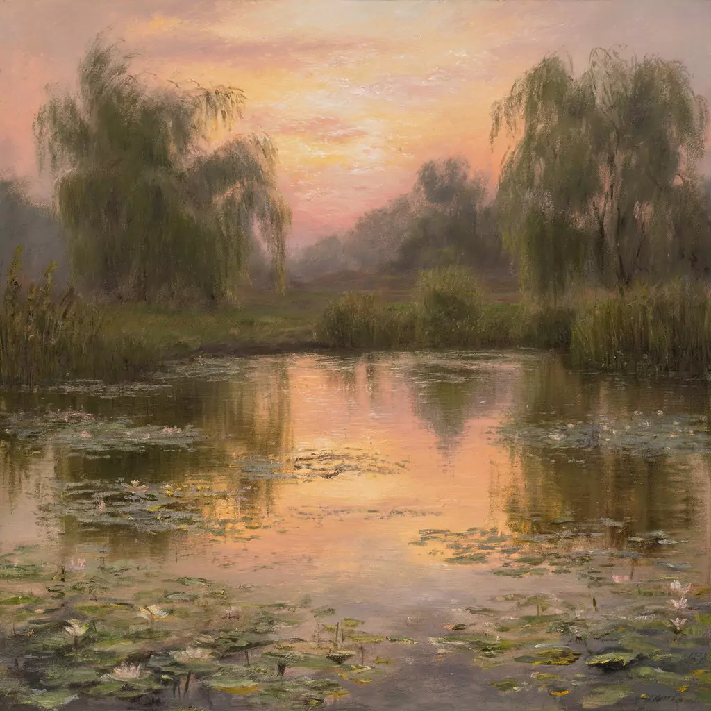 Create Art in the Style of Famous Artists with AI A tranquil pond with water lilies reflecting the soft hues of the sunset, in the style of Monet by AI Artz