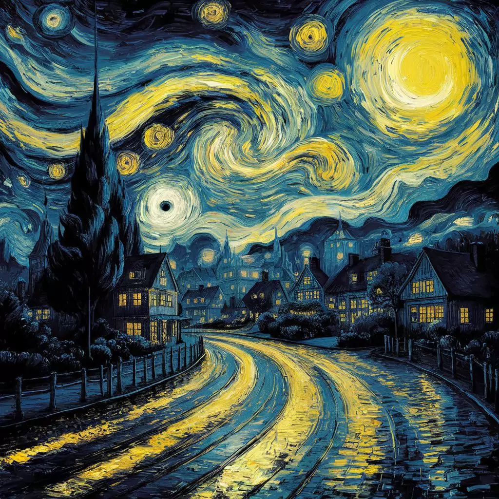 Create Art in the Style of Famous Artists with AI A vibrant night sky over a small town, painted with swirling strokes in the style of Van Gogh’s Starry Night by AI Artz