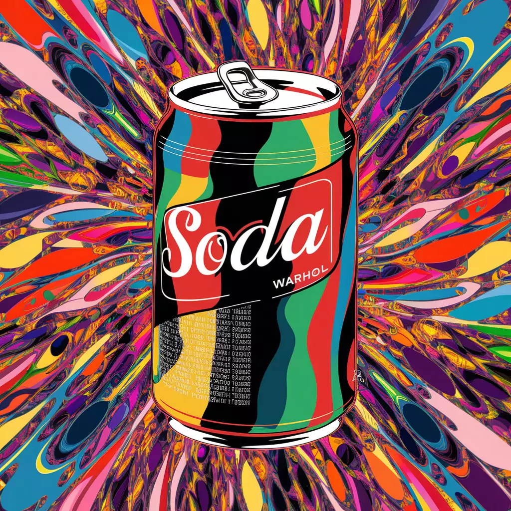 Create Art in the Style of Famous Artists with AI A vibrant pop art poster of a soda can with repetitive patterns, inspired by Andy Warhol by AI Artz
