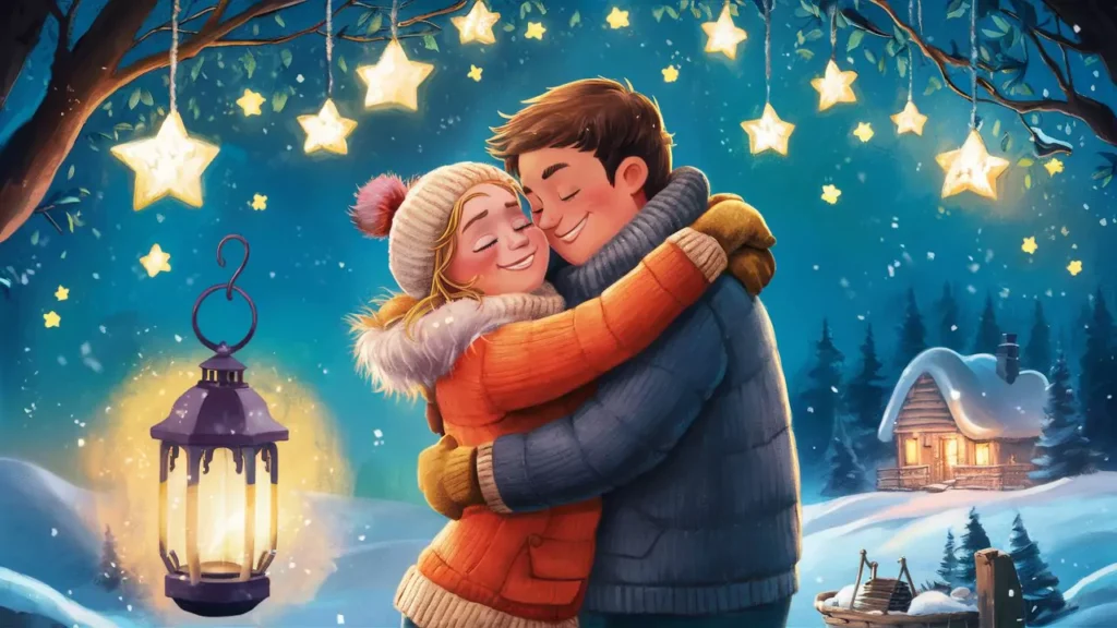 Valentine Day AI Art Prompts for Personalized AI-Generated Gifts - A warm illustration of a couple embracing under a starlit sky