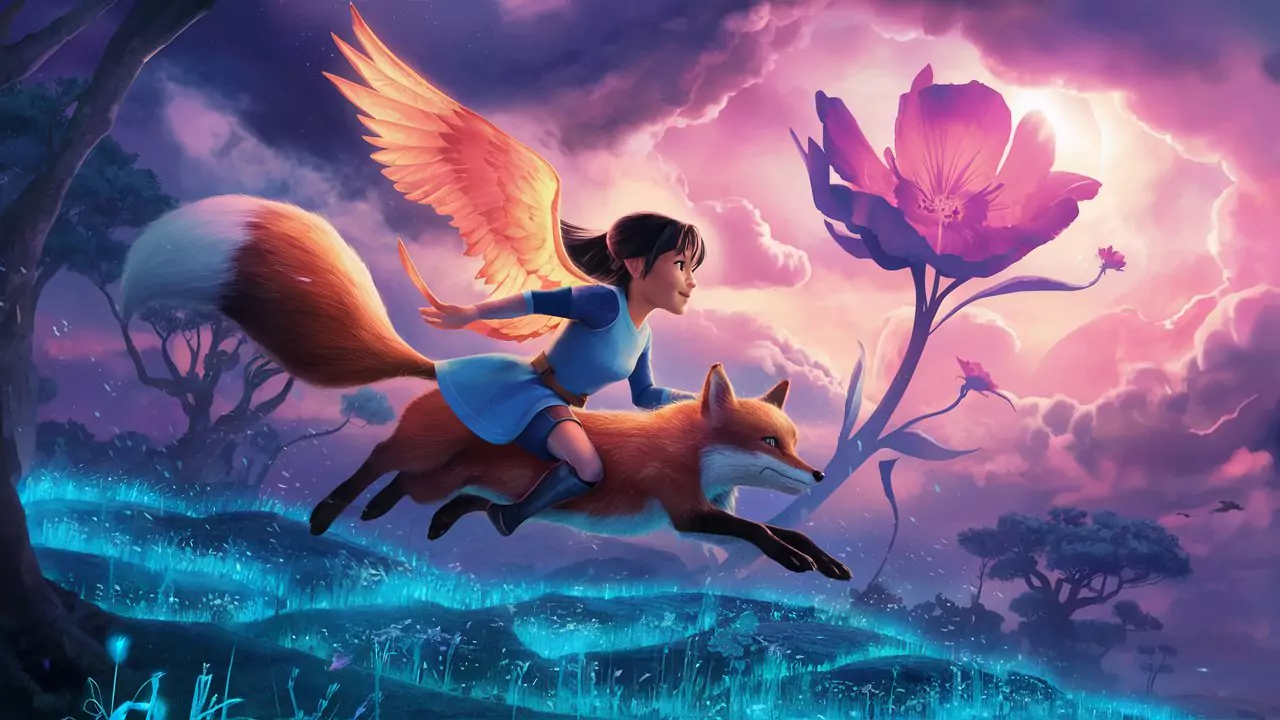 AI Prompts for Graphic Novels: A young girl, Lumi, and her fox companion, Zephyr, soar over bioluminescent marshes with ancient trees, towards floating islands in the sky, on a quest to heal a giant, fading flower. Hayao Miyazaki-esque, vibrant, wondrous