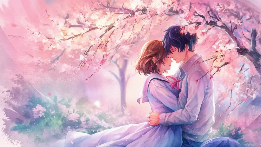 Prompts for Generating AI Art Anime 3D Couple Images AI Art Anime 3D Couple - An anime 3D couple embracing under a canopy of glowing cherry blossoms