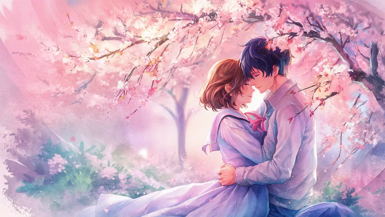 AI Art Anime 3D Couple - An anime 3D couple embracing under a canopy of glowing cherry blossoms