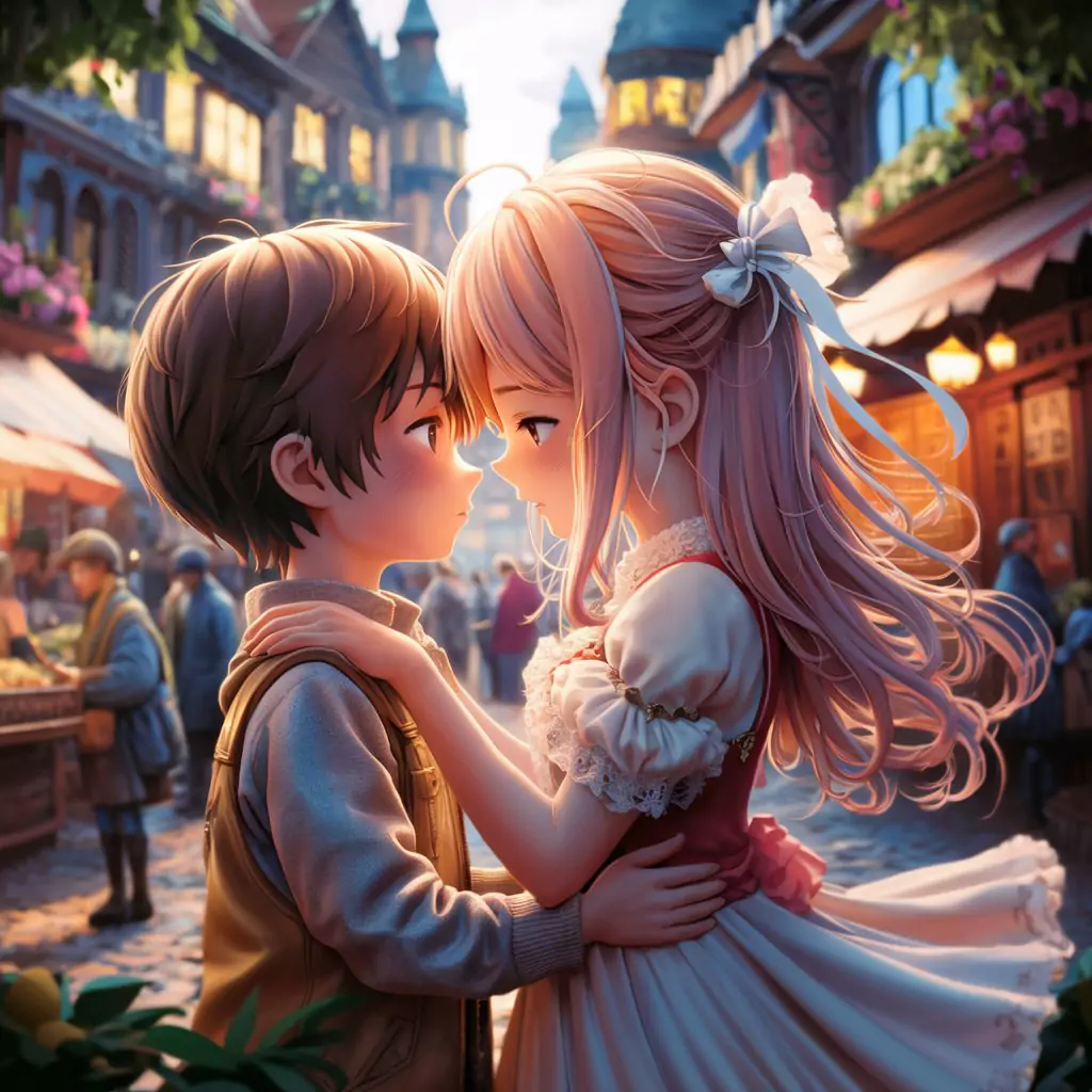 An anime 3D boy and girl sharing a tender, emotional moment in a beautifully rendered, bustling fantasy town square.