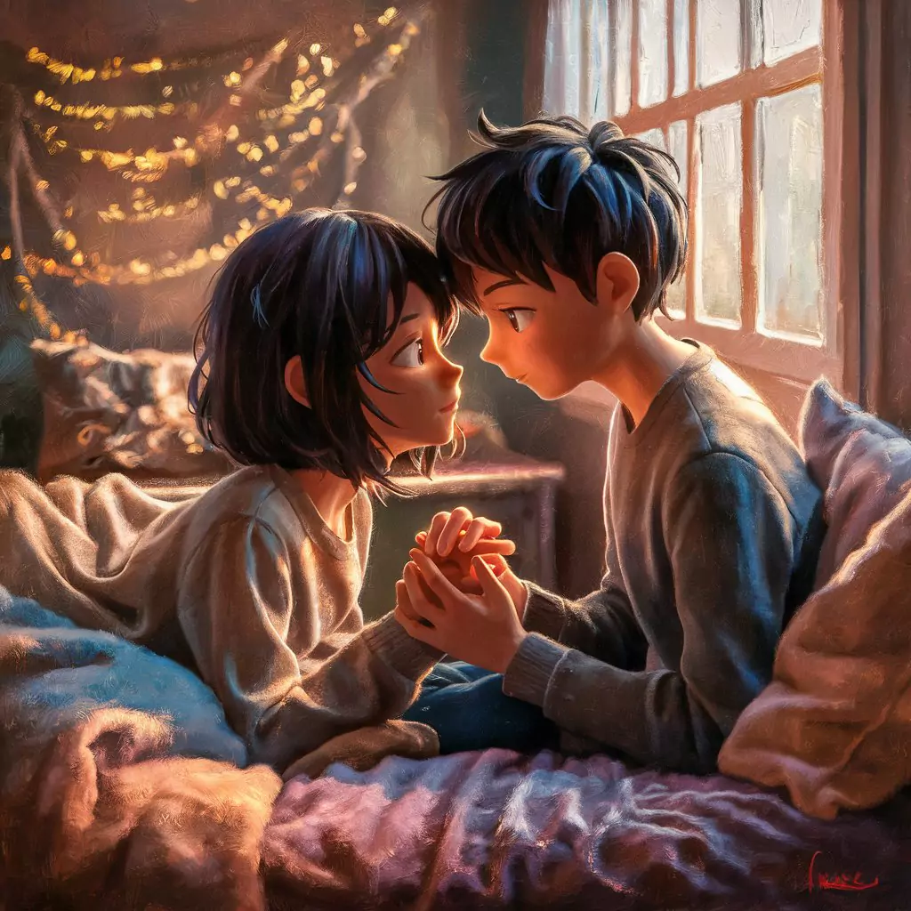 An anime 3D boy gazing tenderly at his partner in an intimate indoor setting. Oil painting texture with a gentle bokeh depth of field, soft window light, warm shadows, cozy atmosphere, expressive faces, and artistic brushstrokes visible.