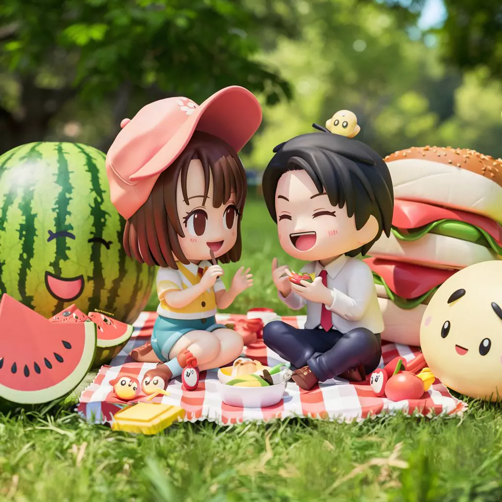 An anime 3D Chibi style couple having a delightful picnic with giant, cartoonish food items.