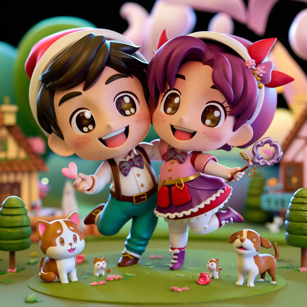 A cheerful anime 3D couple in Chibi style, with exaggerated large heads and tiny bodies
