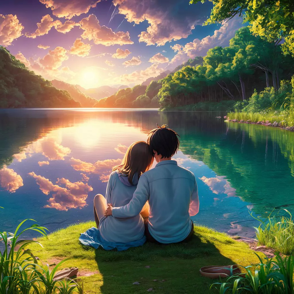 A peaceful scene: An anime 3D couple sitting beside a crystal-clear lake reflecting a vibrant sunset.