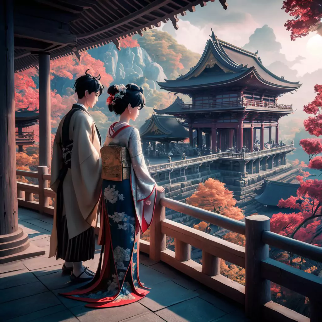 An anime 3D couple in elegant traditional attire, standing on a viewing platform overlooking a meticulously detailed ancient Japanese temple complex in full autumn foliage.