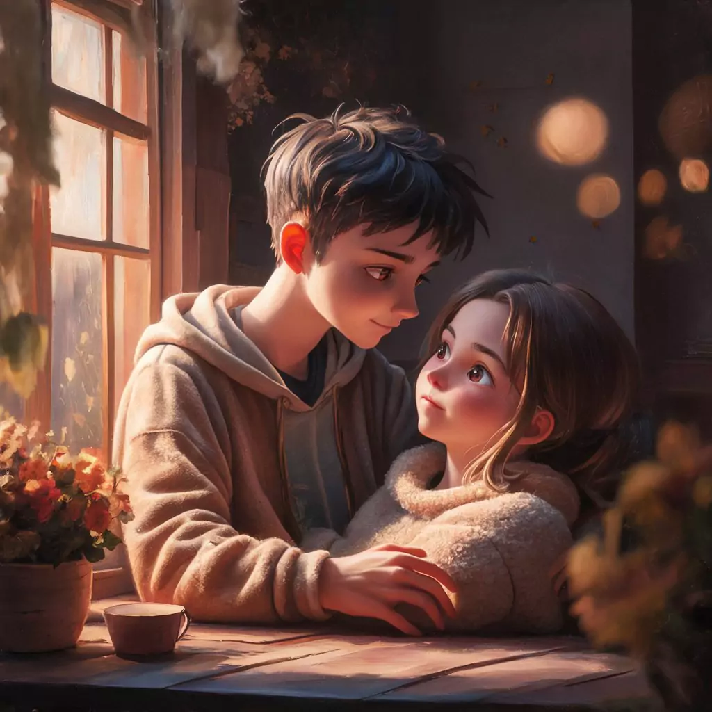 An anime 3D boy gazing tenderly at his partner in an intimate indoor setting.