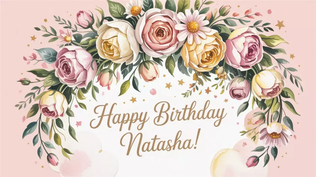 Free AI Art Prompts for Greeting Cards AI Birthday wishes greeting card for Natasha with a watercolor bouquet of roses and daisies