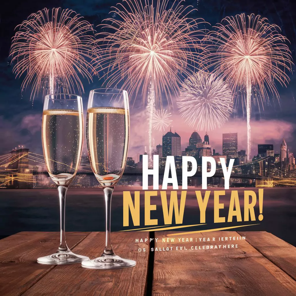 Free AI Art Prompts for Greeting Cards AI Generated New Year card with fireworks in the night sky over city skyline, champagne glasses