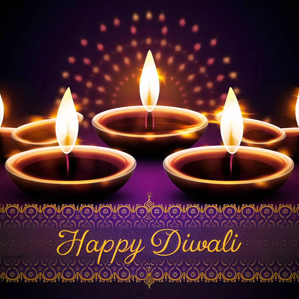Free AI Art Prompts for Greeting Cards AI Generated Diwali card with glowing diyas on a dark purple background