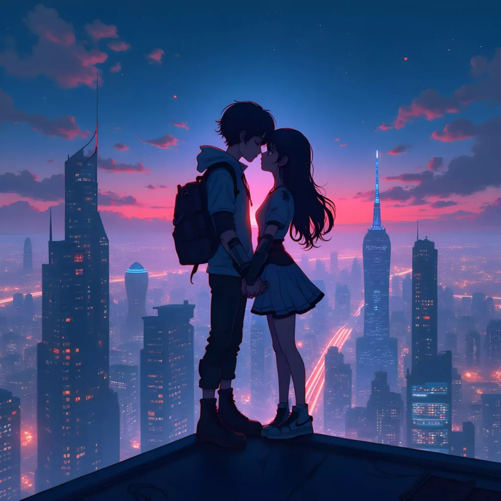 An anime 3D boy and girl sharing a quiet, intimate moment on a high rooftop