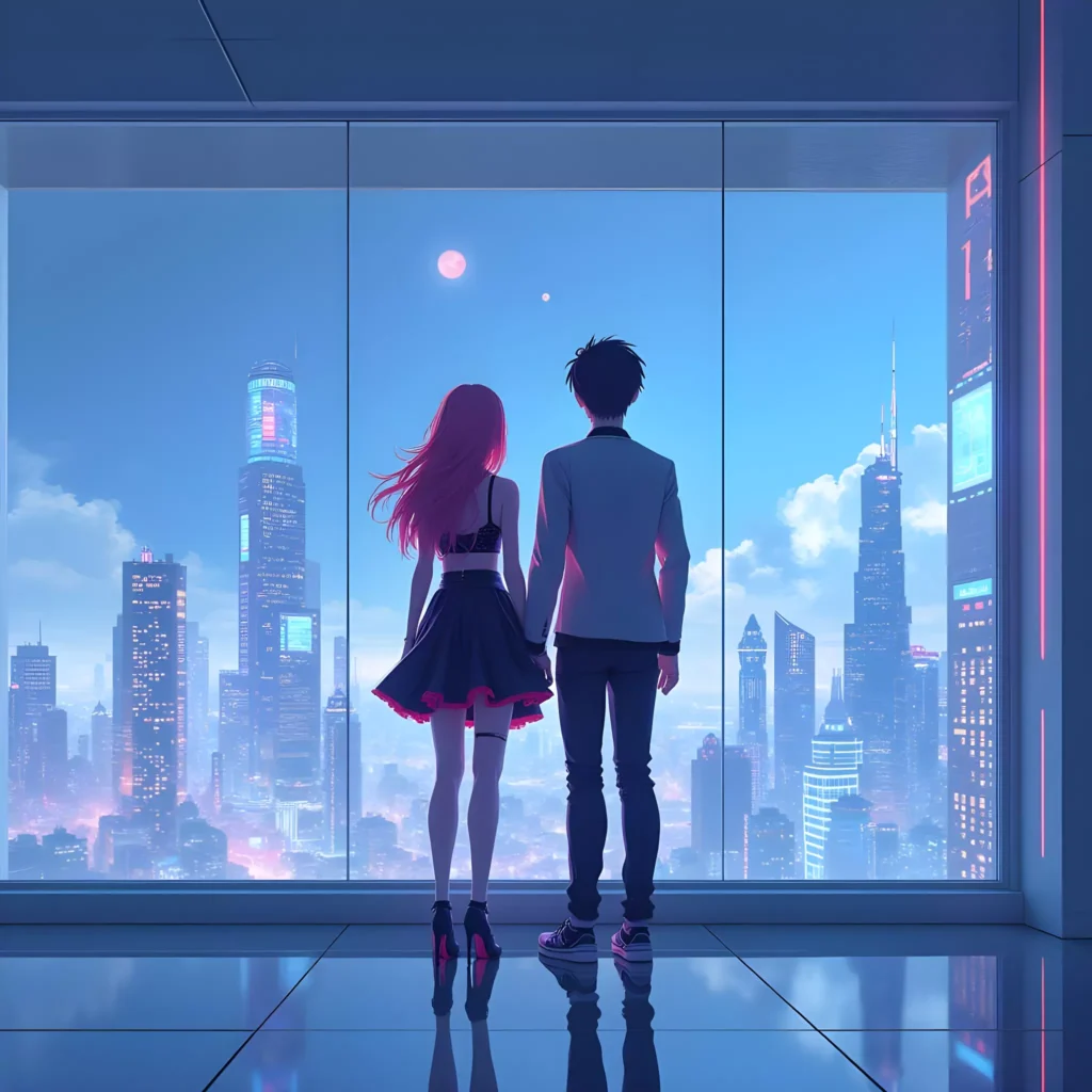 An anime 3D couple inside a sleek, minimalist futuristic apartment, looking out at a vibrant, illuminated megacity.