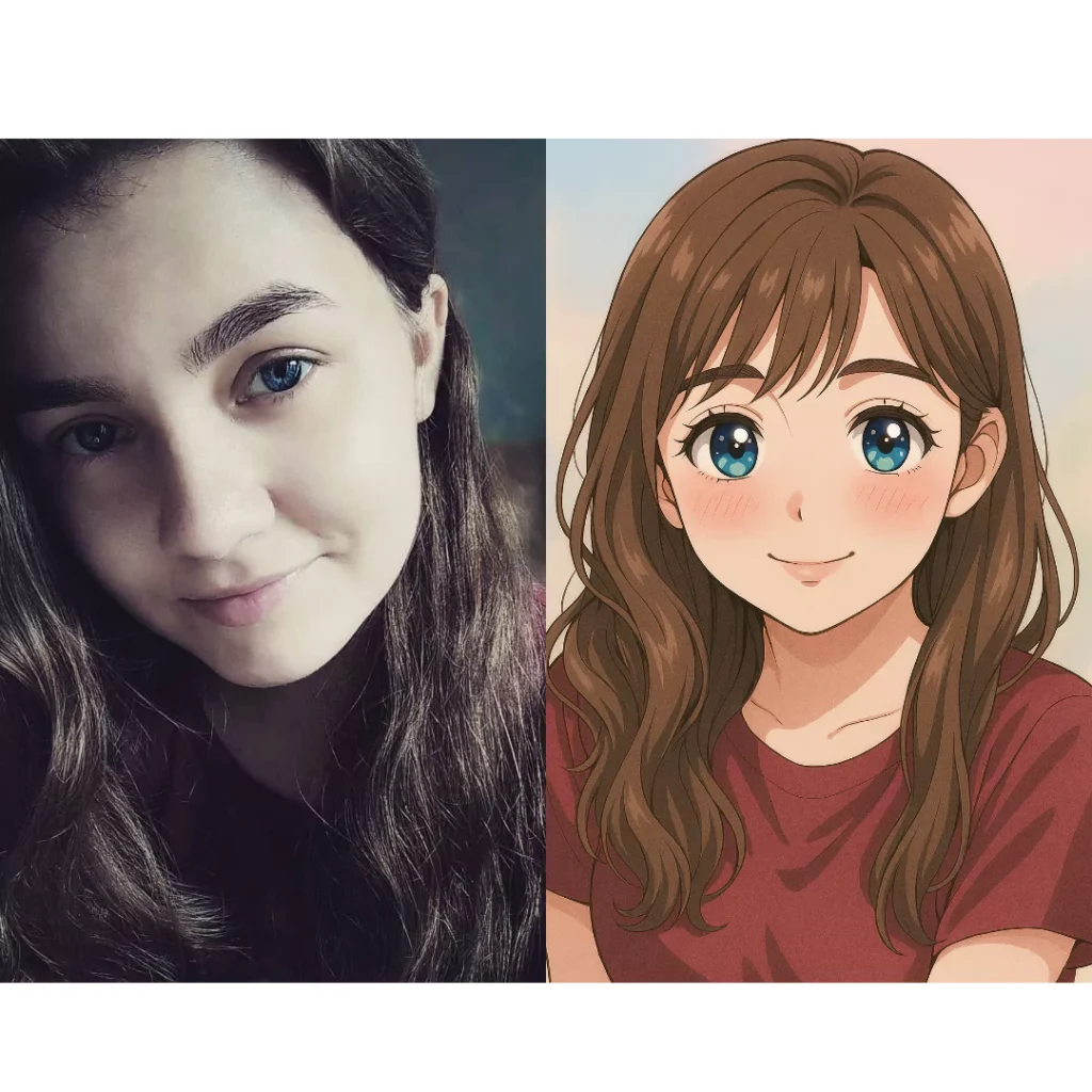 How to Make Anime Style AI Art Free? ai art prompts for anime - Image of a girl in an anime-style character (right). Kyoto Animation aesthetic.