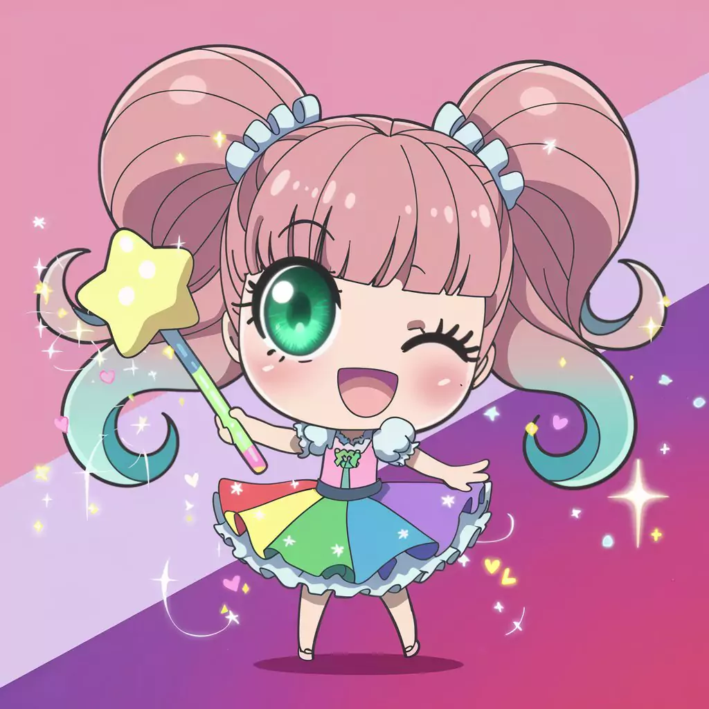 AI Art Prompts for Anime - Super cute chibi magical girl, huge sparkling emerald eyes, flowing pastel pink hair, frilly rainbow dress, oversized star-tipped wand.