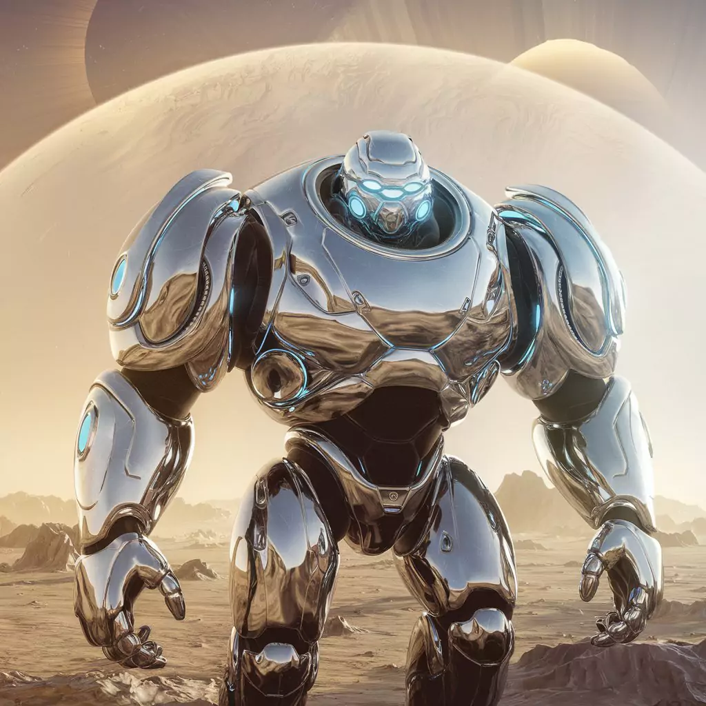 AI Art Prompts for Characters - An imposing chrome-plated galactic peacekeeper android, glowing blue optical sensors, powerful build.