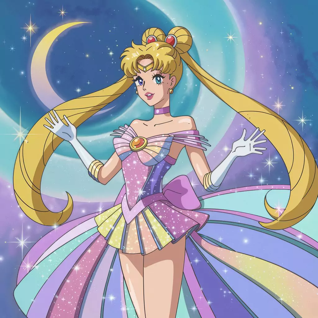 AI Art Prompts for Anime - Beautiful elegant magical girl, long flowing hair, detailed shimmering transformation outfit, iconic pose, backdrop of swirling stars, crescent moon.