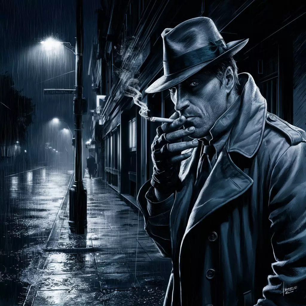 AI Art Prompts for Characters - Film noir style detective, trench coat collar high, fedora tilted, smoking cigarette, sharp observant eyes.