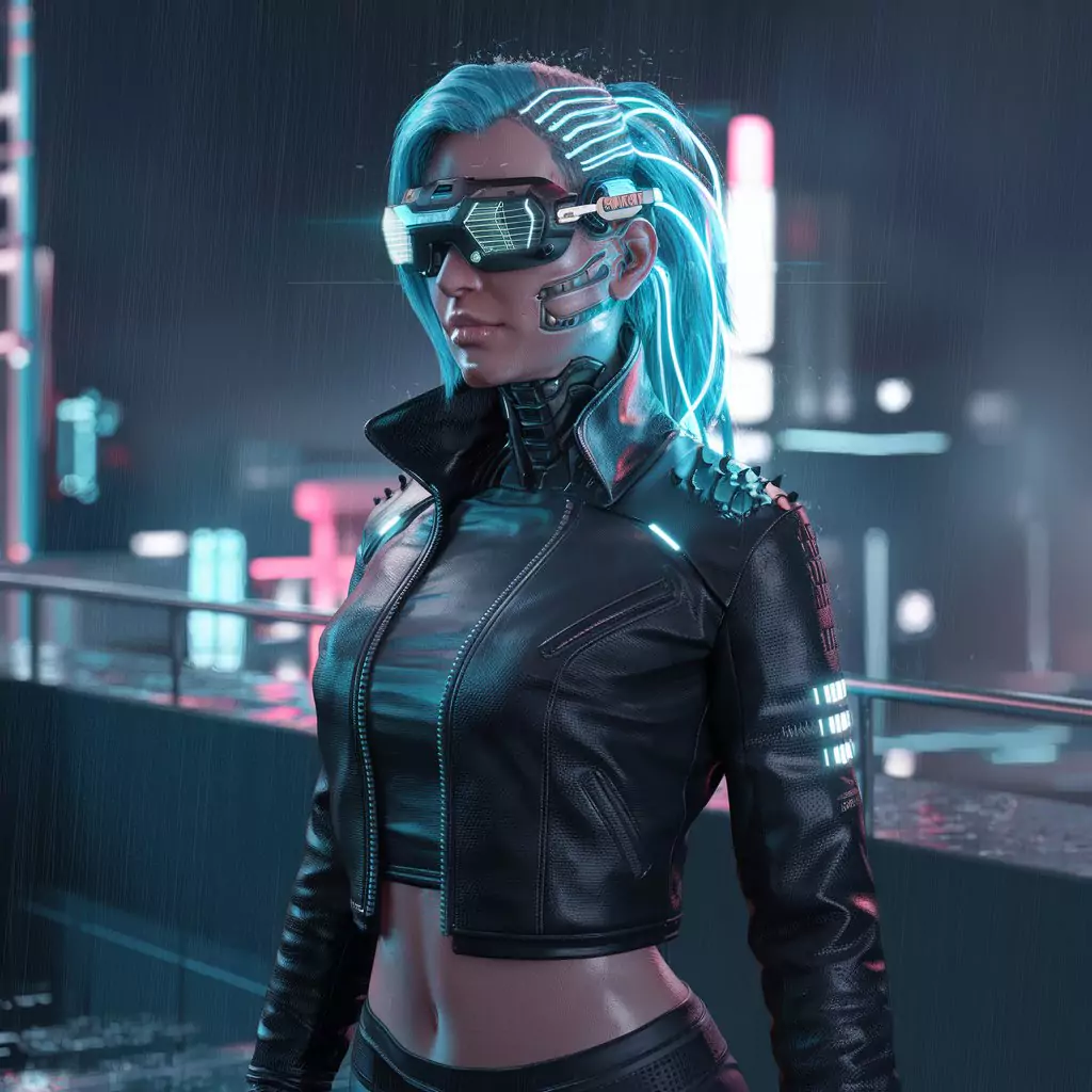 AI Art Prompts for Characters - Rebellious female cyberpunk hacker, neon blue hair with glowing data lines, facial cybernetics, augmented reality goggles.