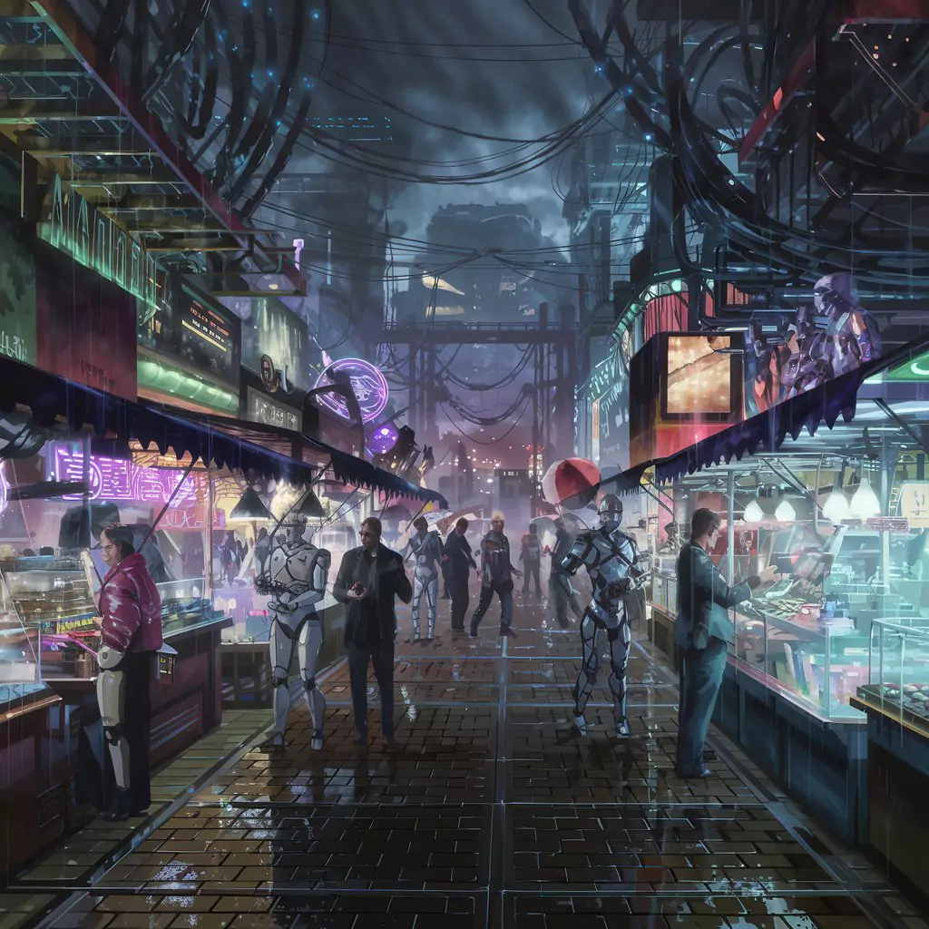 AI Art Prompts for Anime - Bustling, multi-layered futuristic street market at night. Androids, augmented humans, neon signs, holographic vendors, rain-slicked pavement.